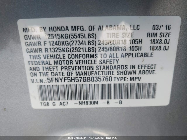 Honda Pilot Ex-l 2016 5FNYF5H57GB035760 Image 9