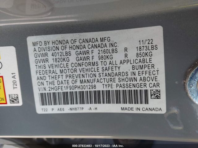 2HGFE1F90PH301298 Honda Civic Sedan Touring