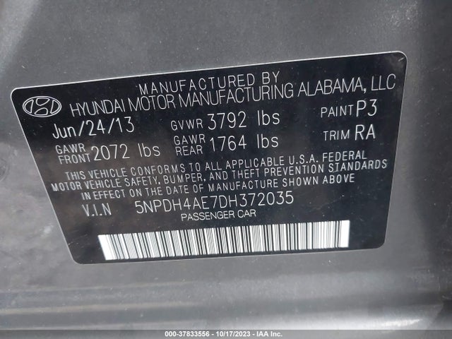 2013 HYUNDAI ELANTRA GLS VIN: 5NPDH4AE7DH372035