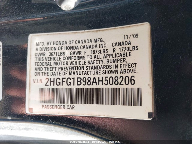 2010 HONDA CIVIC CPE EX-L VIN: 2HGFG1B98AH508206