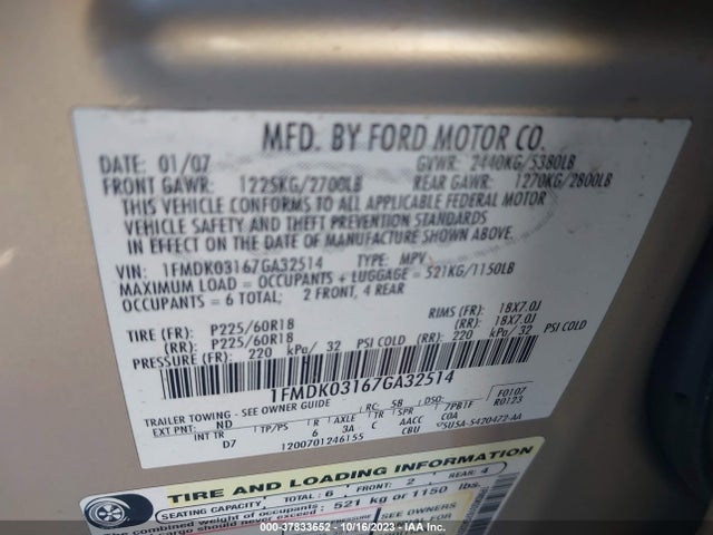 2007 FORD FREESTYLE LIMITED VIN: 1FMDK03167GA32514