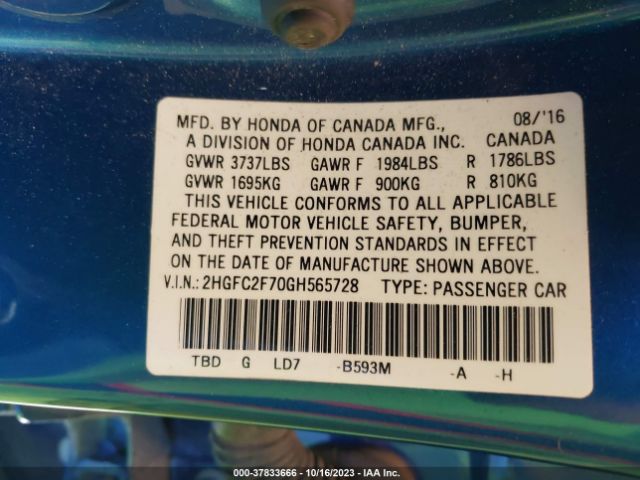 2HGFC2F70GH565728 Honda Civic Sedan Ex