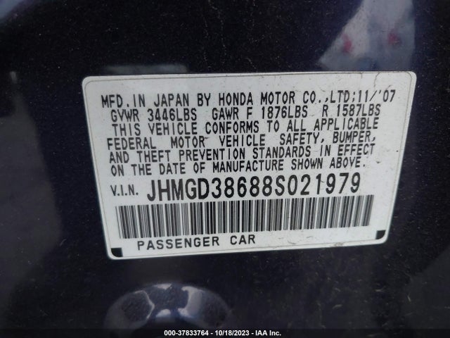 2008 HONDA FIT SPORT VIN: JHMGD38688S021979