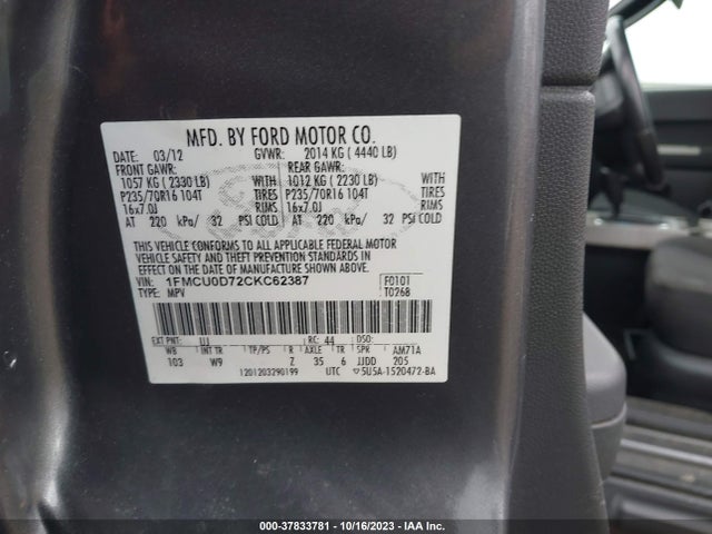 2012 FORD ESCAPE XLT VIN: 1FMCU0D72CKC62387