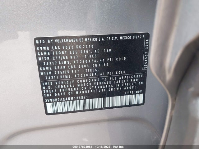 2022 VOLKSWAGEN TIGUAN S VIN: 3VV0B7AX4NM134871