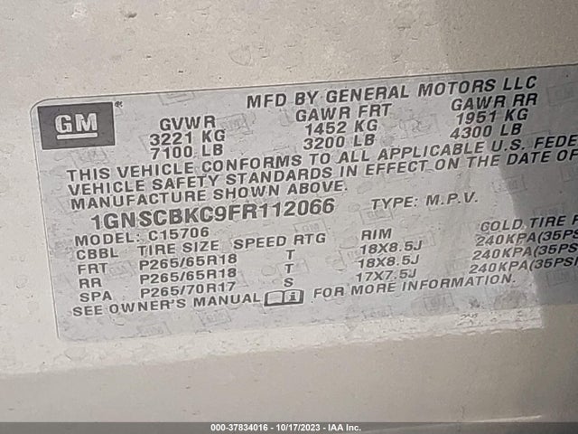 Chevrolet Tahoe Lt 2015 1GNSCBKC9FR112066 Image 9