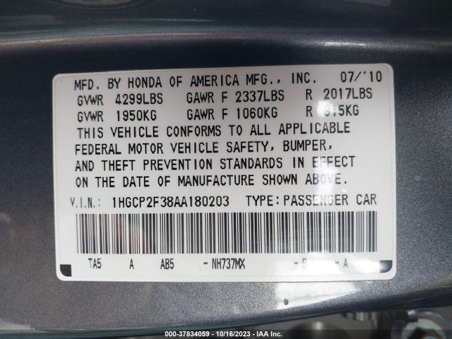 2010 HONDA ACCORD 2.4 LX VIN: 1HGCP2F38AA180203
