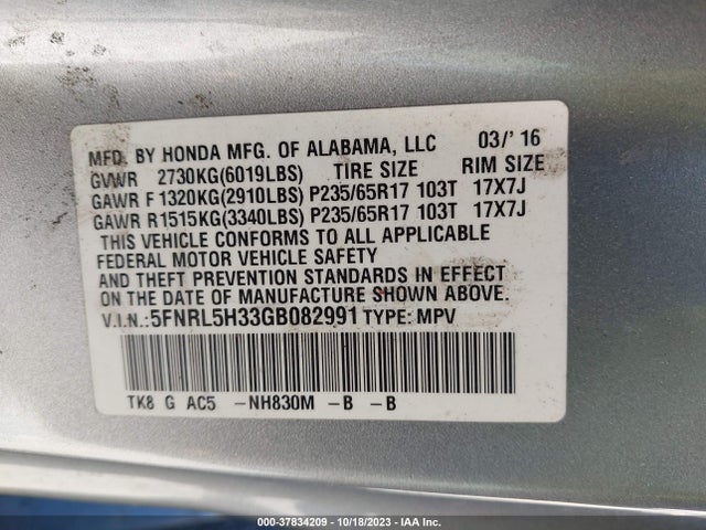Honda ODYSSEY SE 2016 5FNRL5H33GB082991 Image 9