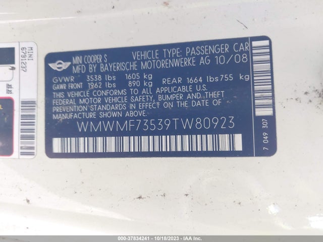 2009 MINI COOPER HARDTOP WMWMF73539TW80923 Photo 8