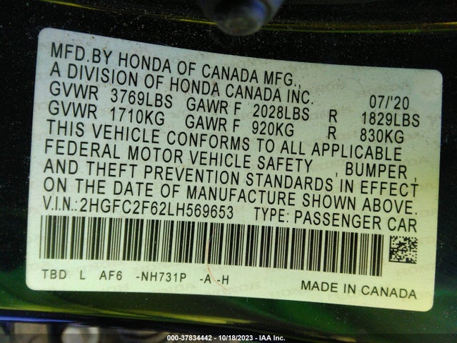 Honda Civic Lx 2020 2HGFC2F62LH569653 Image 9