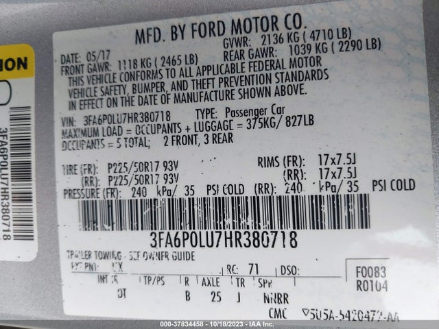 2017 FORD FUSION HYBRID SE VIN: 3FA6P0LU7HR380718