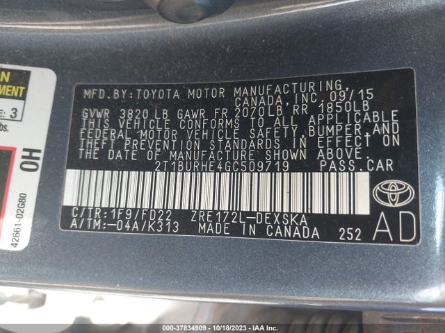 2016 Toyota Corolla S Plus მანქანა იყიდება აუქციონზე, vin: 2T1BURHE4GC509719, აუქციონის ნომერი: 37834909