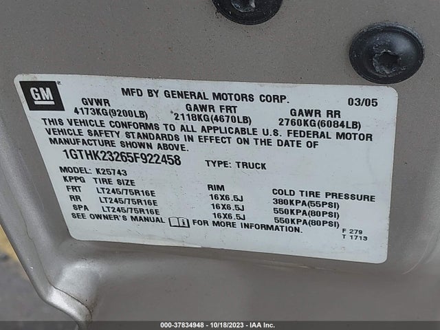 2005 GMC SIERRA 2500HD SLT VIN: 1GTHK23265F922458