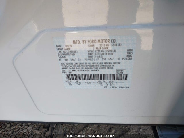 2022 LINCOLN NAUTILUS STANDARD VIN: 2LMPJ6J9XNBL10643