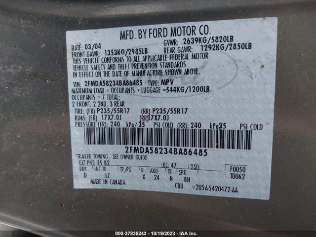 2004 FORD FREESTAR WAGON LIMITED VIN: 2FMDA58234BA86485
