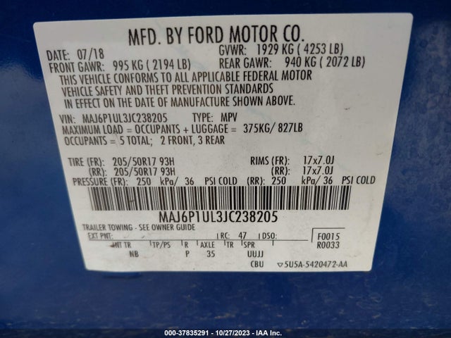 2018 FORD ECOSPORT SE VIN: MAJ6P1UL3JC238205