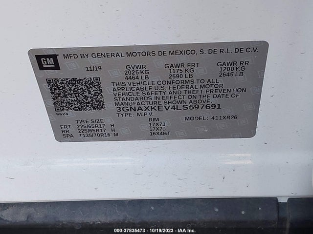 2020 CHEVROLET EQUINOX FWD LT 1.5L TURBO VIN: 3GNAXKEV4LS597691