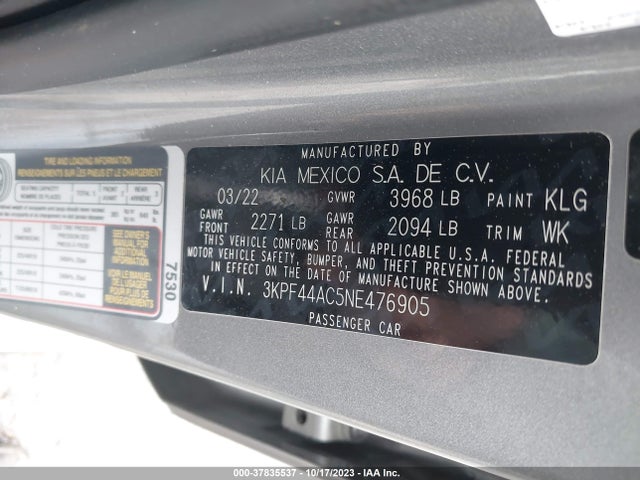 2022 KIA FORTE GT VIN: 3KPF44AC5NE476905