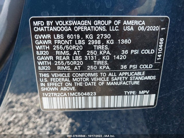 1V2TR2CA1MC504823 Volkswagen Atlas 3.6l V6 Sel Premium