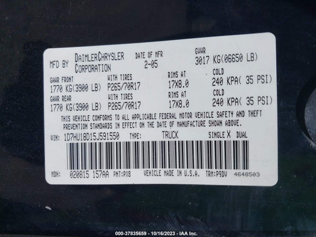 2005 DODGE RAM 1500 ST VIN: 1D7HU18D15J591550