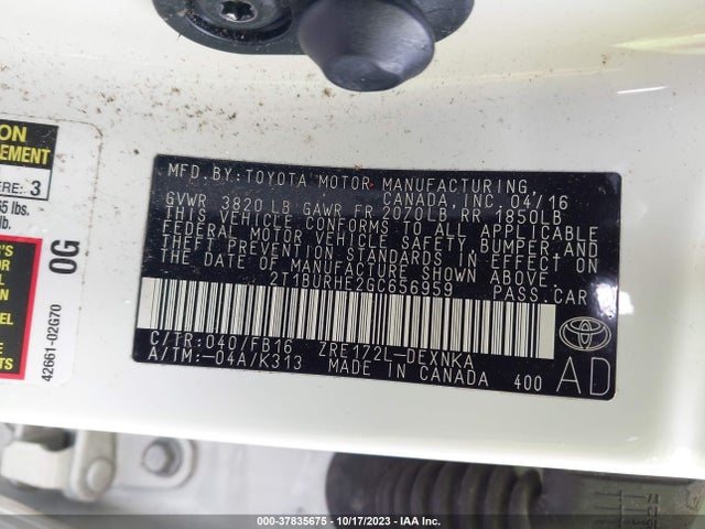 2016 TOYOTA COROLLA L/LE/S/S PLUS/LE PLUS VIN: 2T1BURHE2GC656959