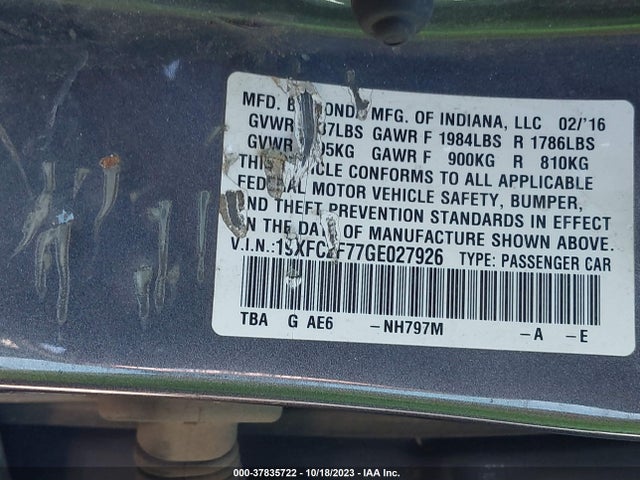 2016 HONDA CIVIC EX VIN: 19XFC2F77GE027926