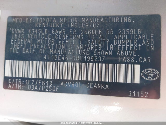 2008 TOYOTA CAMRY VIN: 4T1BE46K08U199237