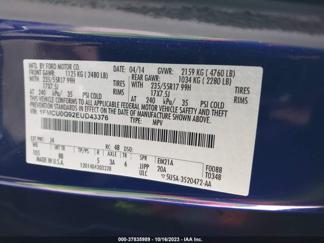 2014 FORD ESCAPE SE VIN: 1FMCU0G92EUD43376