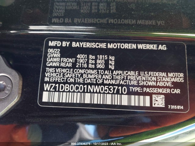 2022 TOYOTA GR SUPRA 3.0 PREMIUM VIN: WZ1DB0C01NW053710