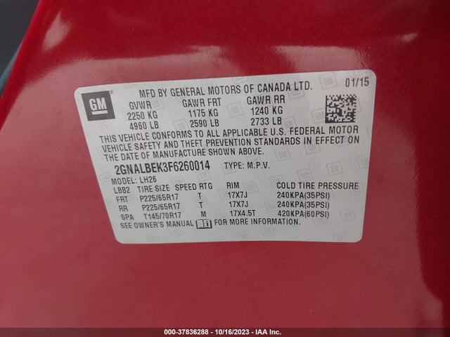 Chevrolet EQUINOX 1LT 2015 2GNALBEK3F6260014 Image 9