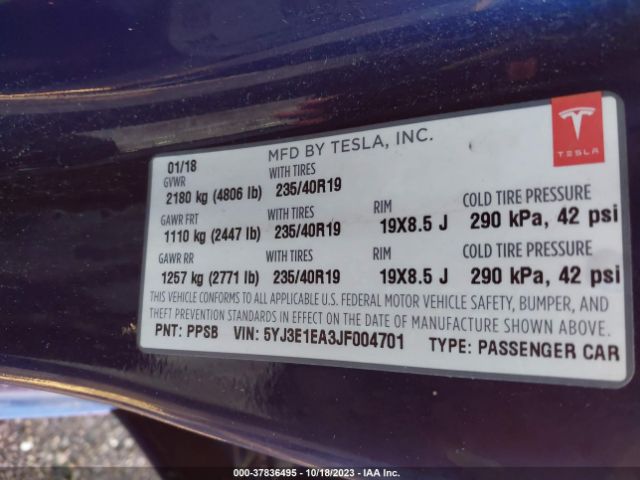 5YJ3E1EA3JF004701 Tesla Model 3 Range Battery