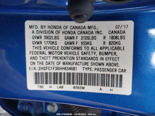 2HGFC1F36HH654681 Honda Civic Ex-t