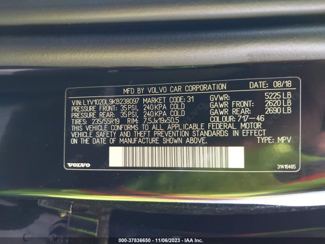 2019 VOLVO XC60 T5 INSCRIPTION VIN: LYV102DL9KB238097