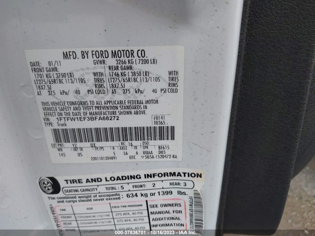 2011 FORD F-150 XL/XLT/FX4/LARIAT VIN: 1FTFW1EF3BFA68272