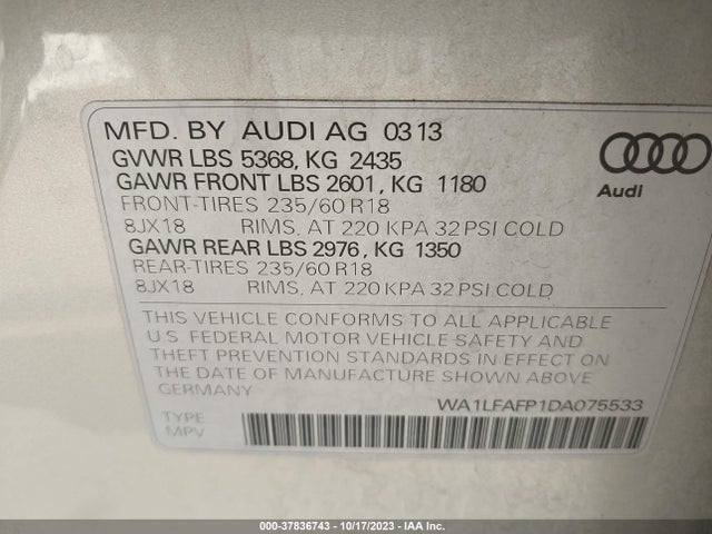 2013 AUDI Q5 2.0T PREMIUM VIN: WA1LFAFP1DA075533