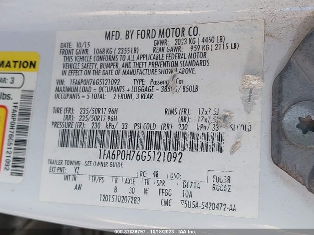 Ford FUSION SE 2016 1FA6P0H76G5121092 Image 9
