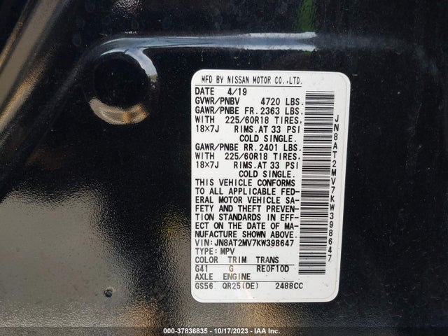 2019 NISSAN ROGUE SV VIN: JN8AT2MV7KW398647