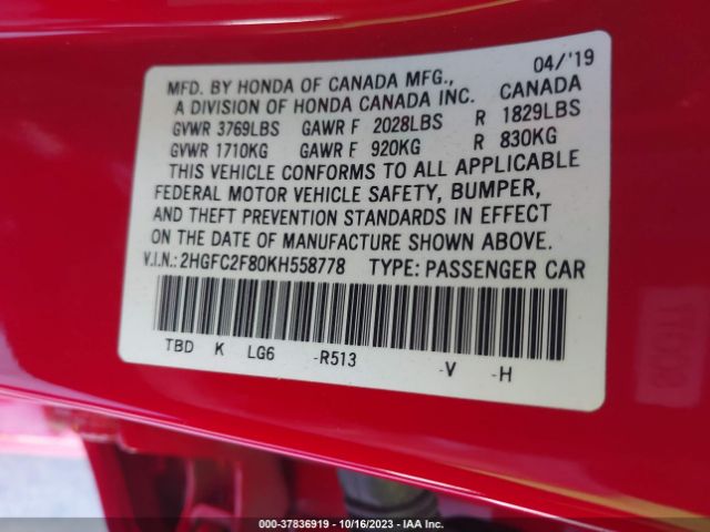 2HGFC2F80KH558778 Honda Civic Sedan Sport