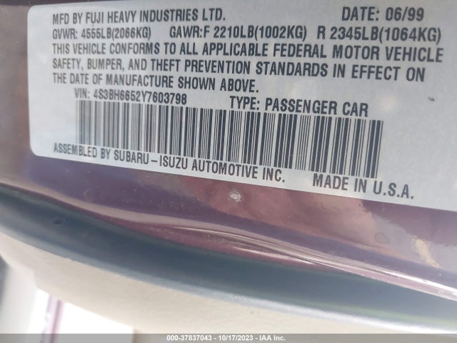 2000 SUBARU OUTBACK VIN: 4S3BH6652Y7603798