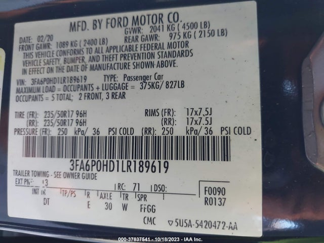 2020 FORD FUSION SE VIN: 3FA6P0HD1LR189619