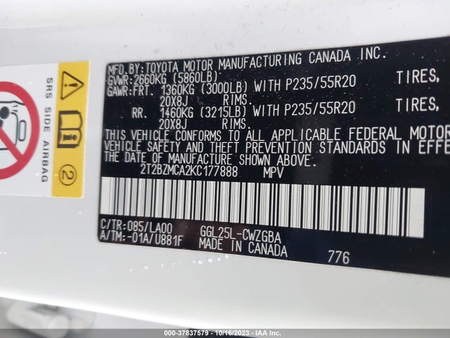 2T2BZMCA2KC177888 Lexus Rx Rx 350