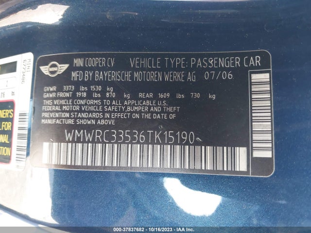 2006 MINI COOPER HARDTOP WMWRC33536TK15190 Photo 8