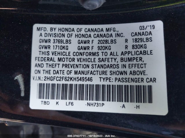 2019 HONDA CIVIC LX VIN: 2HGFC2F62KH549546