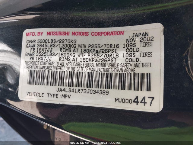 2003 MITSUBISHI MONTERO SPORT LTD VIN: JA4LS41R73J034389