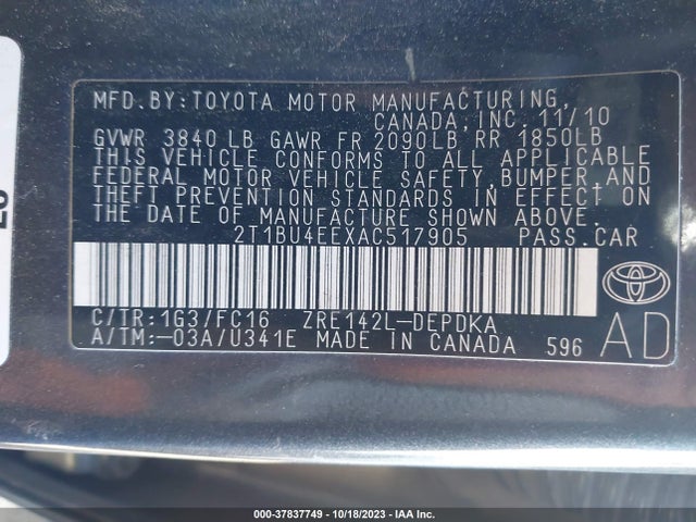 2010 TOYOTA COROLLA VIN: 2T1BU4EEXAC517905