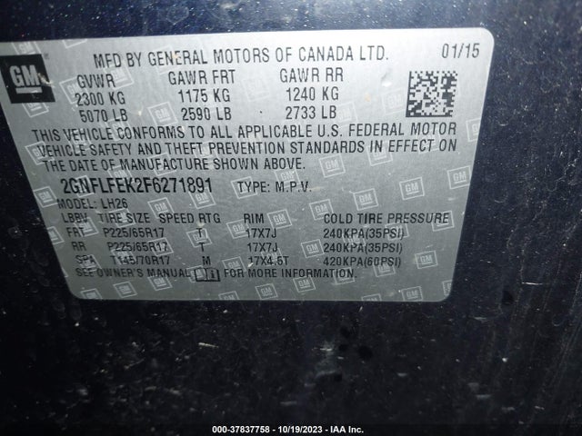 2015 CHEVROLET EQUINOX 1LT VIN: 2GNFLFEK2F6271891