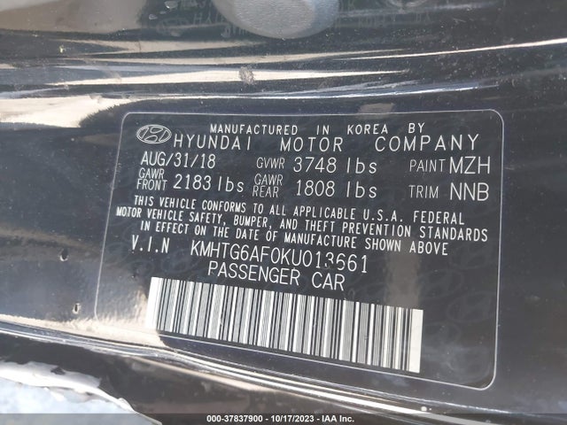 2019 HYUNDAI VELOSTER 2.0 VIN: KMHTG6AF0KU013661