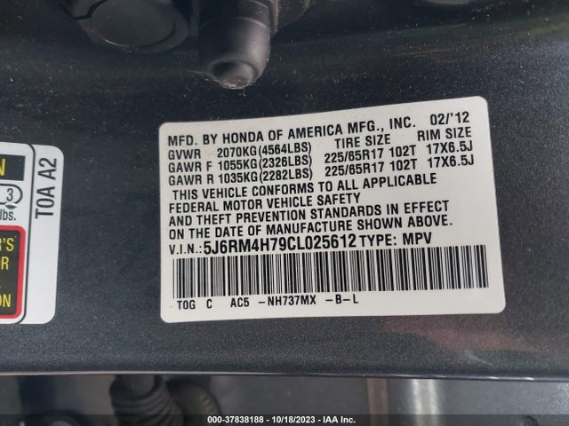 2012 HONDA CR-V EX-L VIN: 5J6RM4H79CL025612