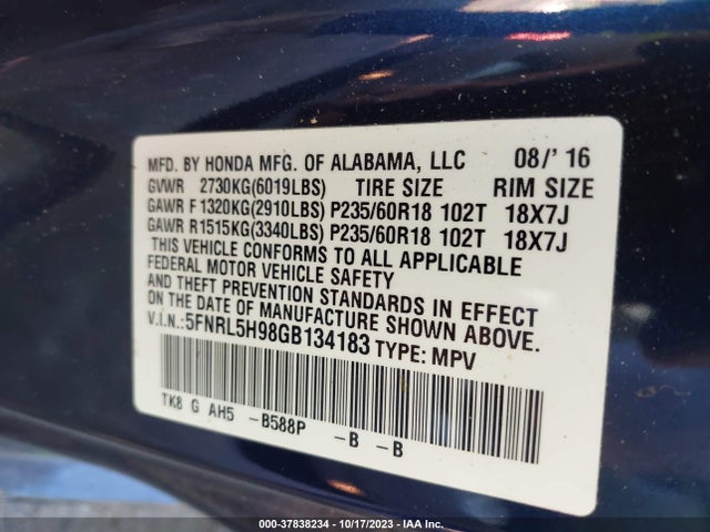 Honda Odyssey Touring 2016 5FNRL5H98GB134183 Image 9