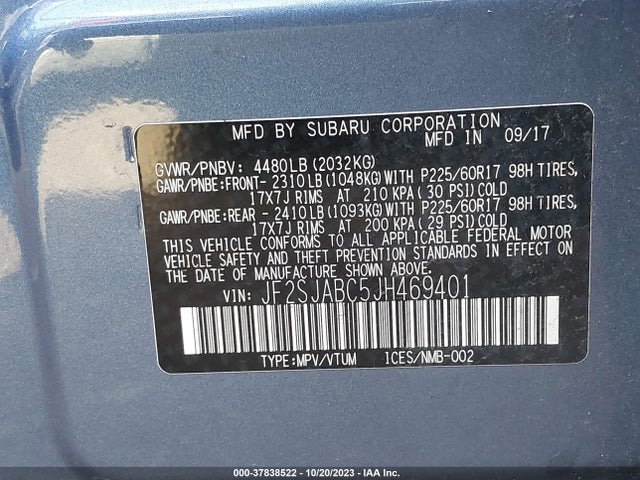 2018 SUBARU FORESTER 2.5I VIN: JF2SJABC5JH469401